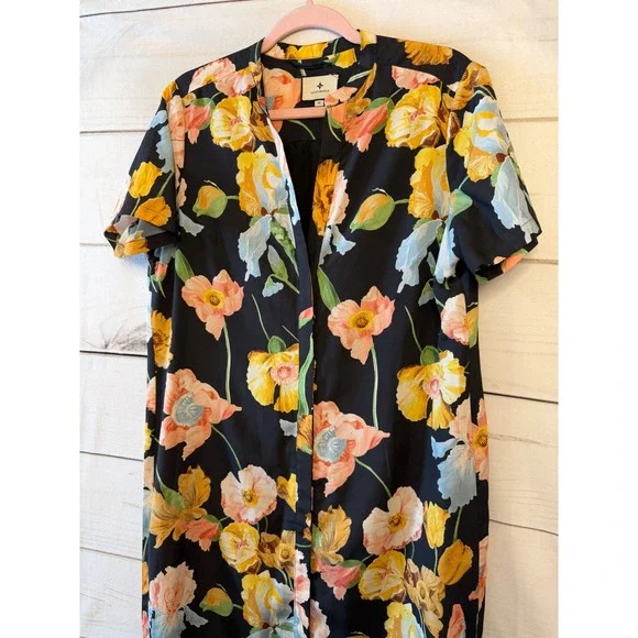 Tuckernuck Floral Maxi Dress Black Yellow Pink Short Sleeve Button Front M - Picture 2 of 7